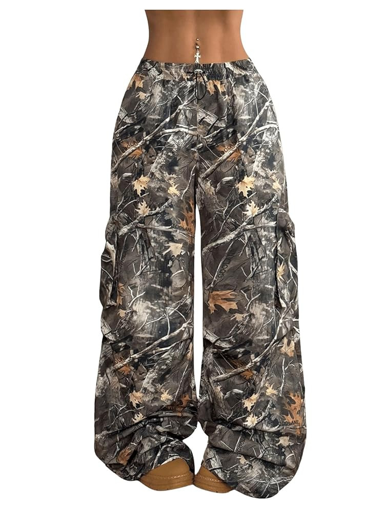 Verdusa Women's Camo Cargo Pants Y2K Streetwear Drawstring Wide Leg Trousers Flare Baggy Sweatpan... | Amazon (US)