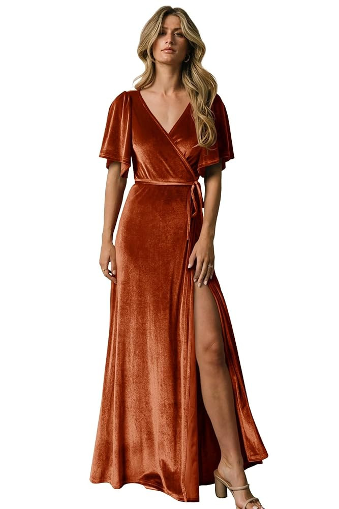 Ouyisha Velvet Bridesmaid Dresses Long for Women V-Neck Short Sleeve Formal Maternity with Slit | Amazon (US)