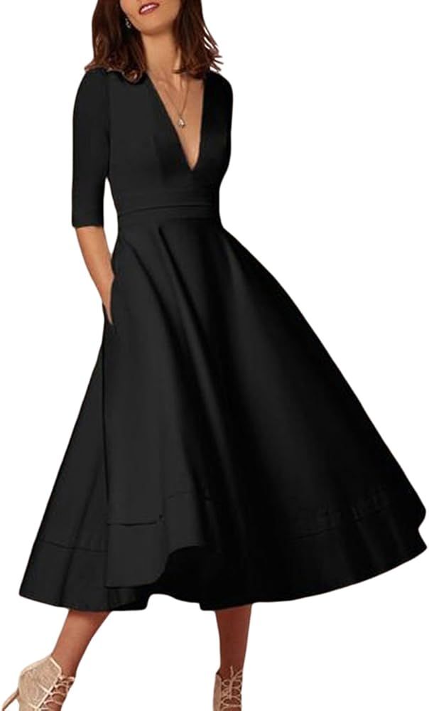 YMING Women Vintage Deep V Neck Cocktail Maxi Dress 3/4 Sleeve Pleated Swing Long Dress with Pock... | Amazon (US)