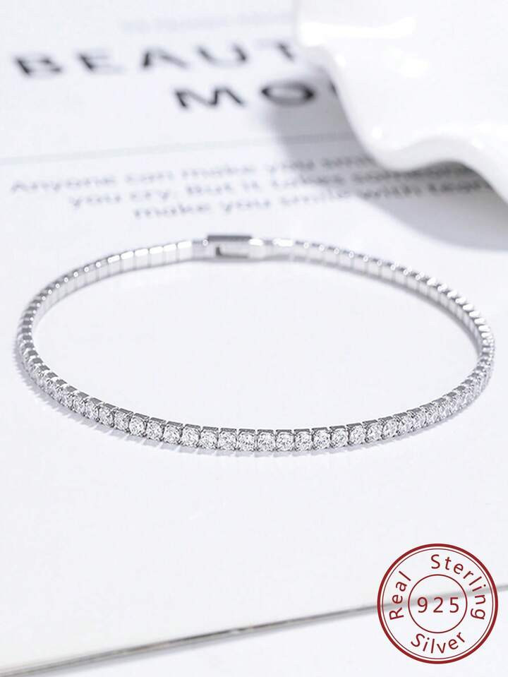 High-End Bling CZ Cubic Zirconia Tennis Chain Bracelet, Unisex Trendy Hip Hop 925 Sterling Silver... | SHEIN