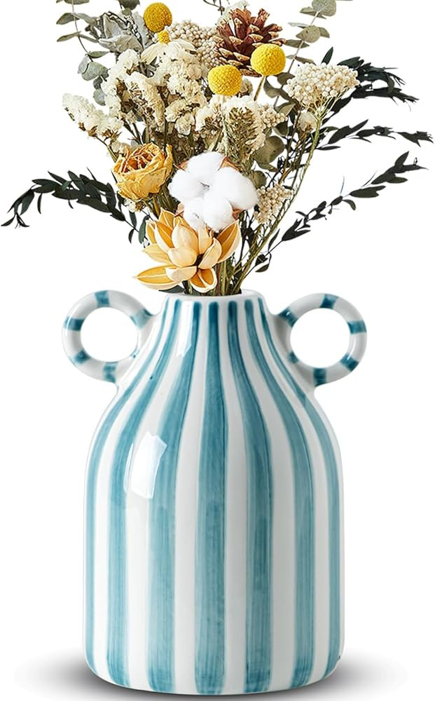 Blue and White Ceramic Vase, Mid Century Modern Striped Small Vases for Flower&pampas Grass Cente... | Amazon (US)