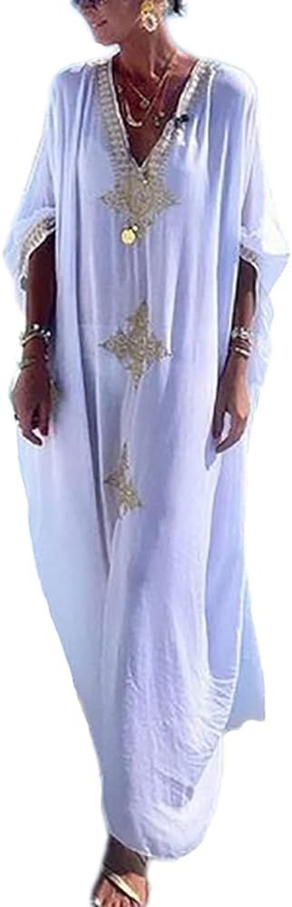 Bsubseach Gold Embroidery Long Kaftan Dresses V Neck Caftan Dress Beach Cover Ups for Women Embro... | Amazon (US)