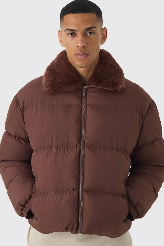 Boxy Faux Fur Collar Puffer Jacket In Chocolate | boohooMAN (US & Canada)