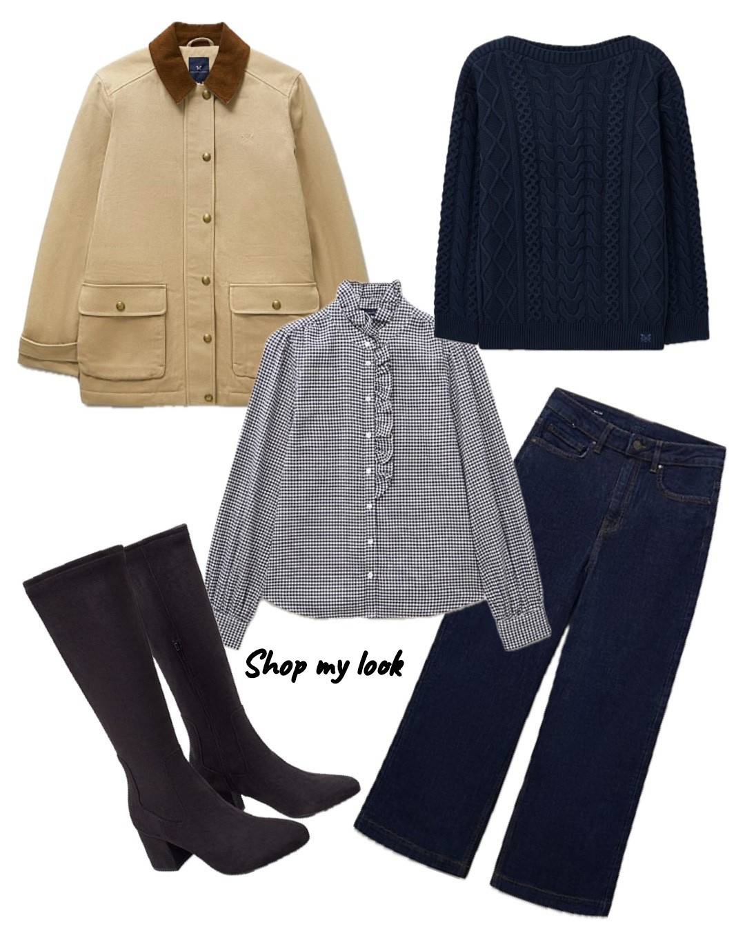 Another easy everyday pulled together outfit pairing this gingham blouse with a wide leg jean, brown knee boots, a navy crew neck cable knit sweater and finishing off with this on trend barn jacket 



#LTKuk #LTKover50style #LTKwinter