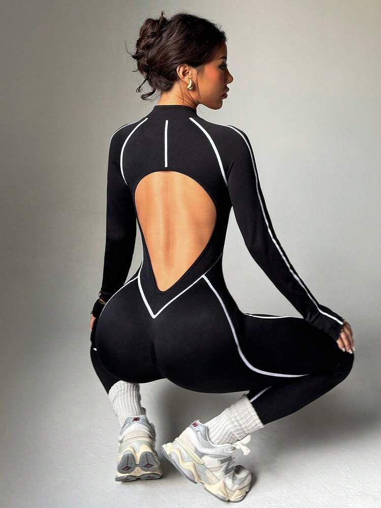 Dewbera Seamless High Elasticity Workout Jumpsuit, Fitness Outfit With Long Sleeve And Long Pants, Zipper Closure Backless Activewear Jumpsuit | SHEIN