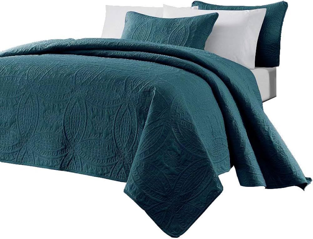 Chezmoi Collection Austin 3-Piece Oversized Bedspread Coverlet Set (King, Teal) | Amazon (US)