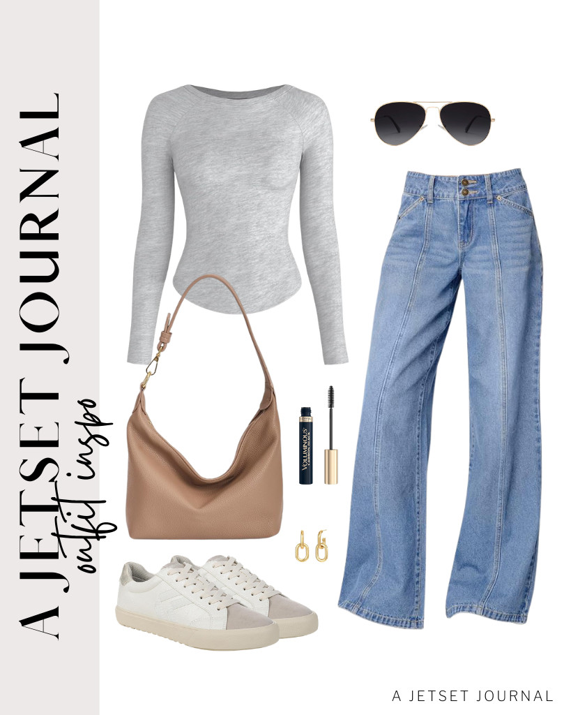 For my final outfit idea, I envision wearing something comfortable for running errands or grabbing coffee. Start with a gray crewneck fitted top paired with Sidefeel wide-leg jeans. Slip on a pair of Dr. Scholl’s Offline sneakers, and you'll be all set! 

 #LTKSeasonal #LTKSaleAlert #LTKTravel