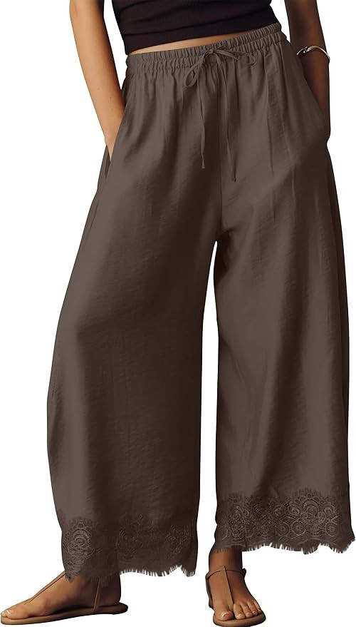 Anoumcy Lace Trim Wide Leg Pants for Women 2026 Spring Summer Cropped Lightweight Casual Pants | Amazon (US)