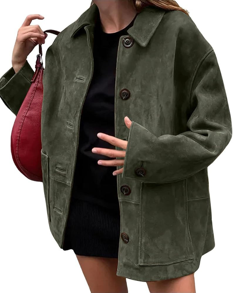 chouyatou Women's Fall Boyfriend Faux Suede Leather Jacket Casual Midi Long Button Down Shacket C... | Amazon (US)