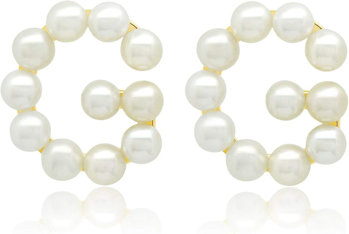 Genuine 14K Yellow Gold Fresh Water Pearl Letter Initial Stud Earrings (2mm Pearls) | Amazon (US)