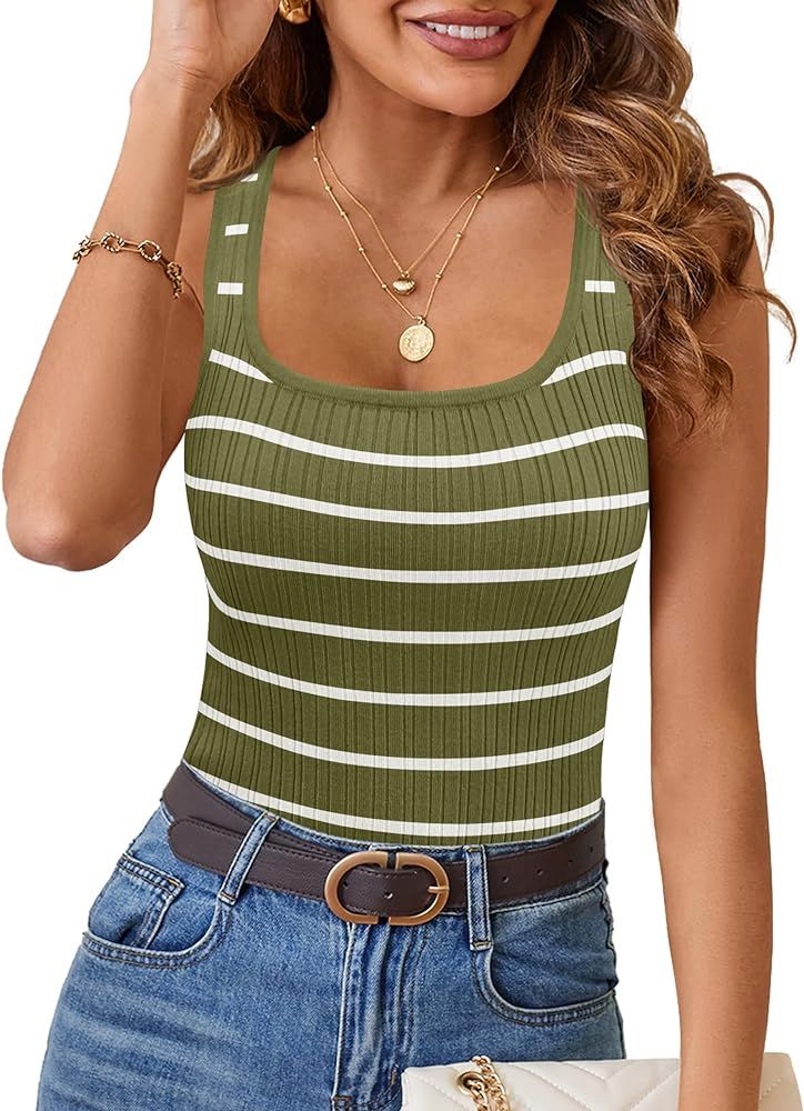 ZESICA Sleeveless Tank Tops for Women Square Neck Top Striped Shirts Basic Ribbed Knit Blouses 20... | Amazon (US)
