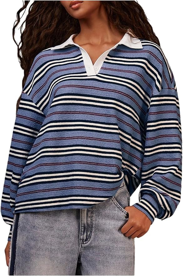 MakeMeChic Women's Striped Tee Shirts Button Up Collared Long Sleeve Preppy Rugby Shirt Tops | Amazon (US)