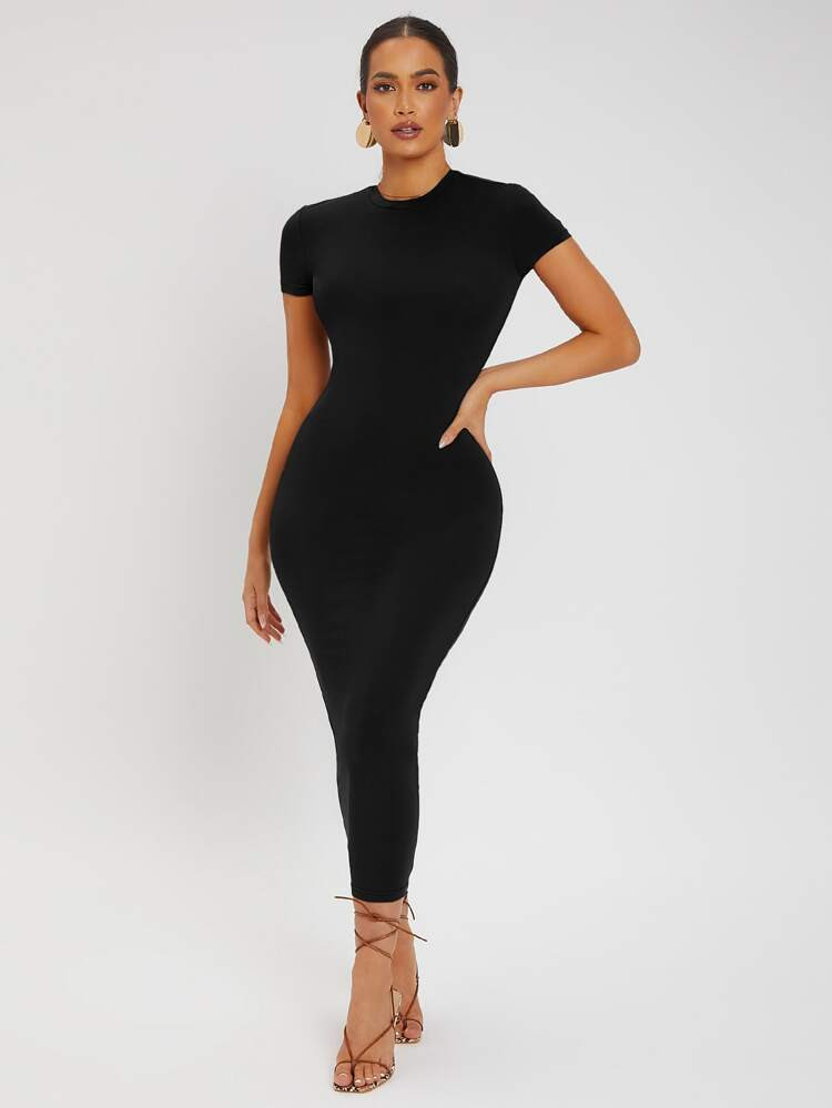SHEIN SXY Solid Round Neck Bodycon Dress | SHEIN
