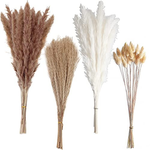100 PCS Small Boho Pampas Grass, 17" Naturally Dried Pompas, Pampas Grass Decor for Wedding , Boho Party Decorations, Table Decor（Brown and White） | Amazon (US)