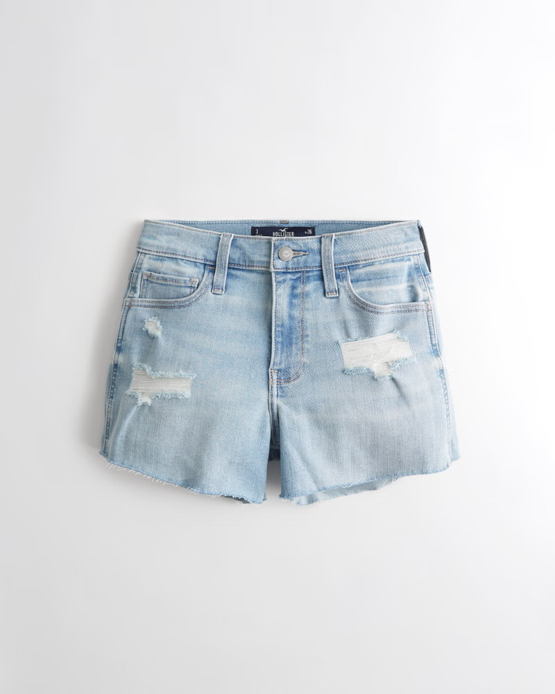 Mid-Rise Ripped Medium Wash Denim Short 3" | Hollister (US)