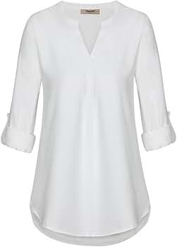 Timeson Women's Casual Chiffon V Neck Cuffed Sleeve Blouse Tops | Amazon (US)