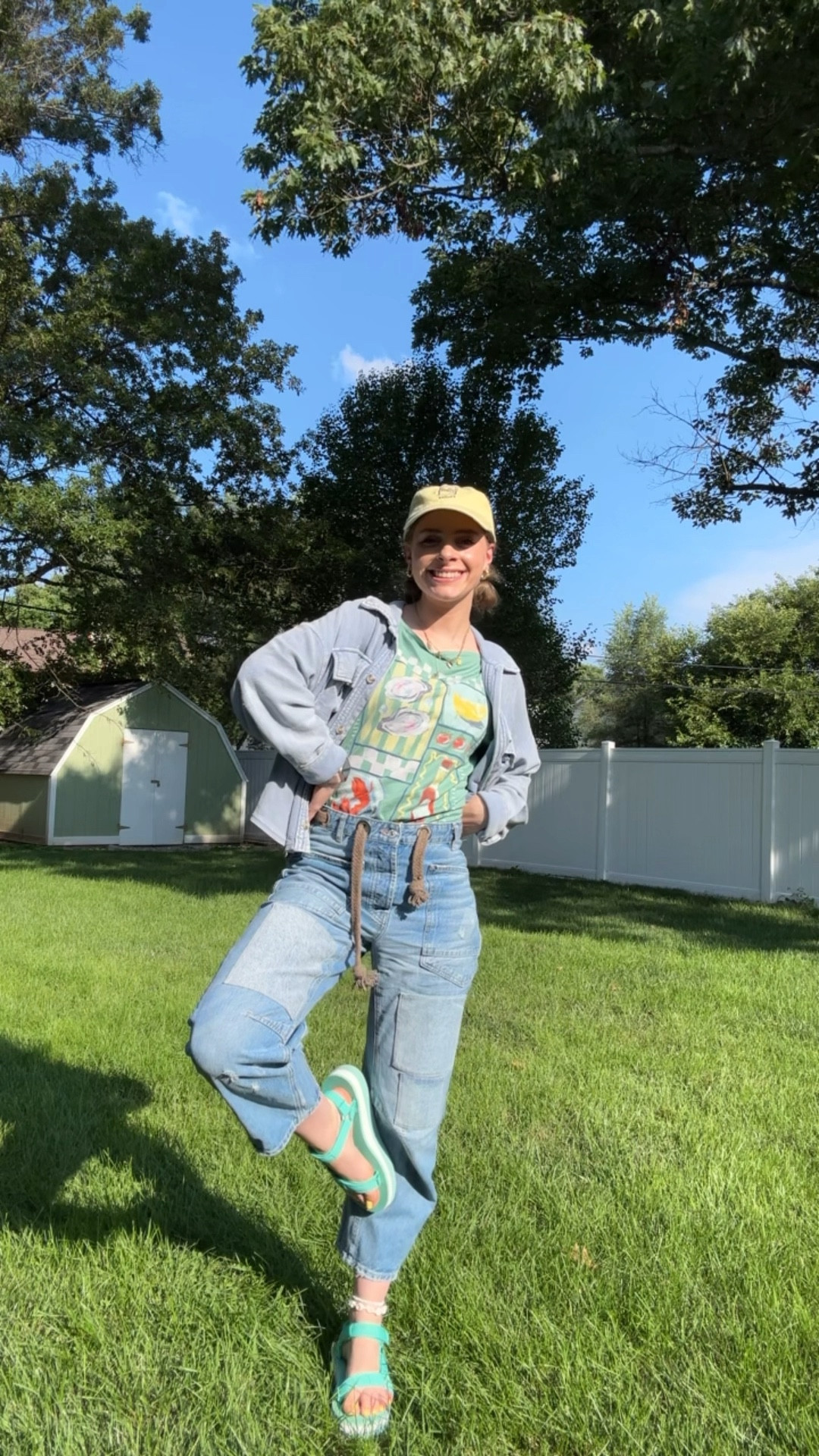 7/24/35 ootd!

T-shirt: Hollister (Women's Oversized Off-the-Shoulder Ruby's Oyster Shack Graphic Tee—I see some on Poshmark for sale!)
Jacket: Forever 21 (old)
Jeans: Free People
Sandals: Teva (thrifted)
Hat: Ball (thrifted)