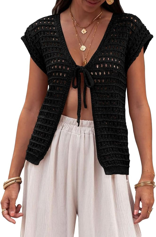 Saodimallsu Womens Tie Crochet Shrug Short Sleeve Open Front Lightweight Knit Cropped Cardigan Sw... | Amazon (US)