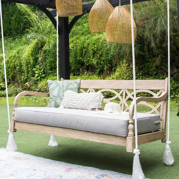 Cambridge Casual Renley Wood Outdoor Swing Daybed with Cushion - Lime Wash/Oyster Cushion | Bed Bath & Beyond