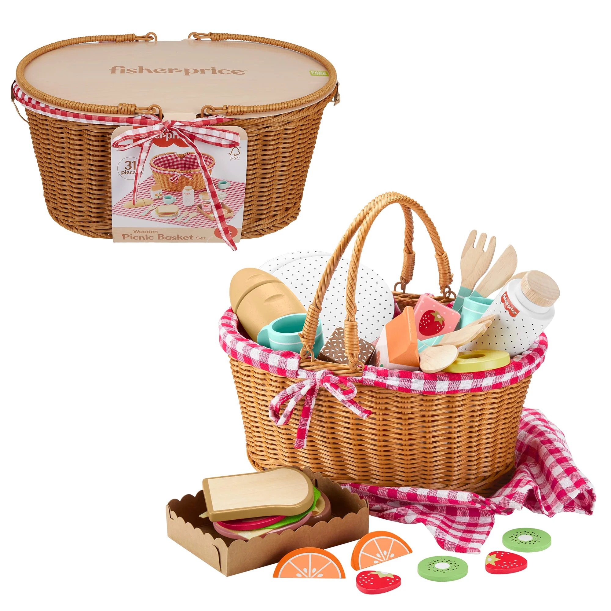 Fisher-Price Wooden Picnic Basket and Food Pretend Play Set for Preschool Kids, 31 Pieces | Walmart (US)