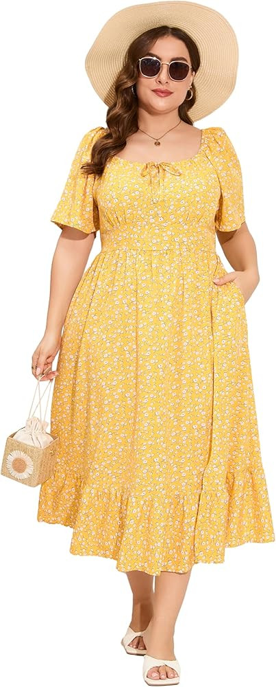 Womens Plus Size Square Neck Floral Print Summer Dress Ruffle Short Sleeve Tie Front Slit Hem Boh... | Amazon (US)