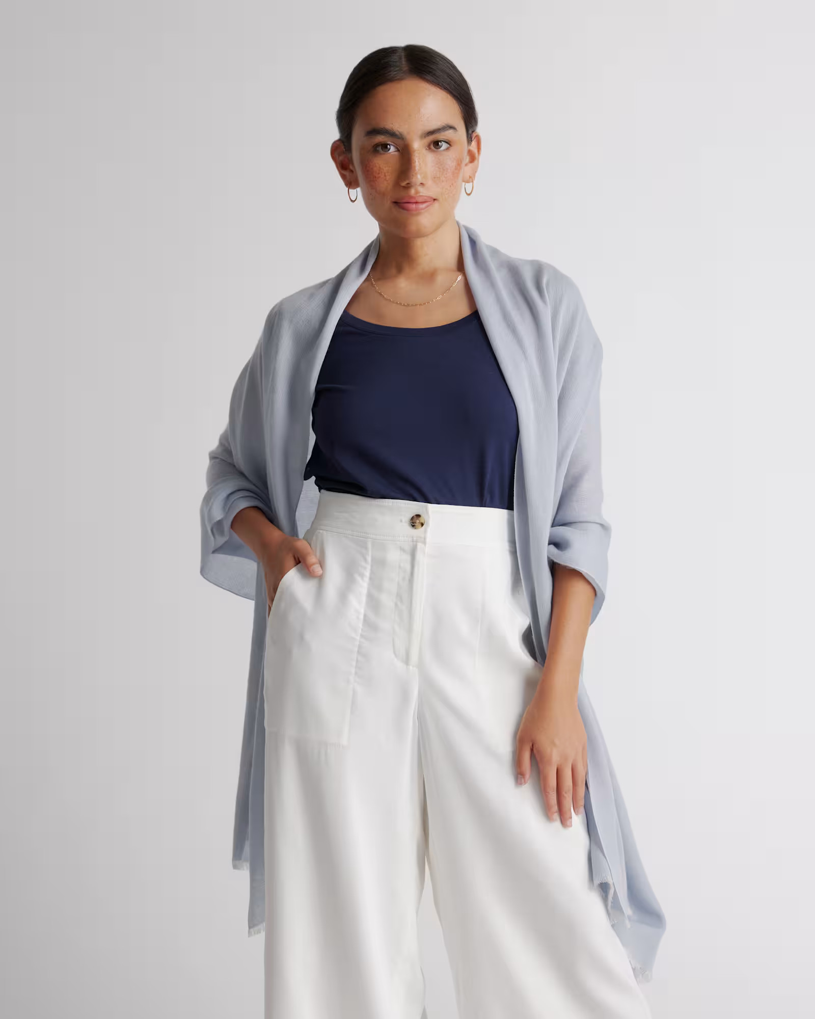 Featherweight Cashmere Silk Frayed Edge Scarf in Light Blue | Quince