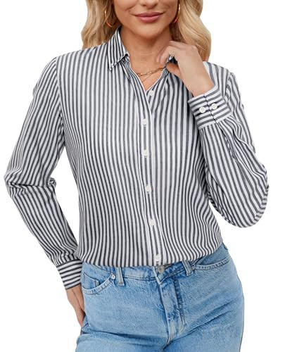 siliteelon Button Up Shirt Women Black and White Striped Button Down Oxford Shirt Women Wrinkle Free Women's Blouses Dressy Casual Business Work | Amazon (US)