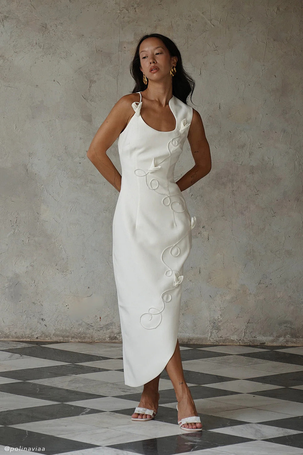 Suiting Embroidered Midi Dress - White | MESHKI US