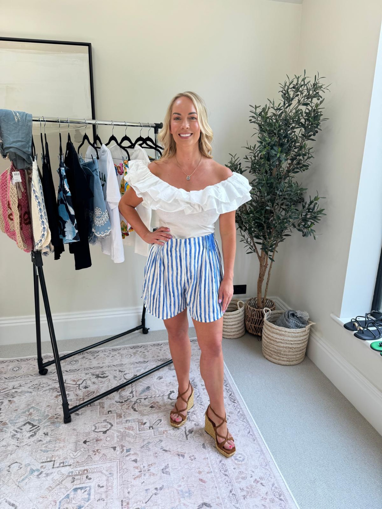 H&M striped high-waisted shorts and White off-shoulder Mint Velvet top

#LTKsummer