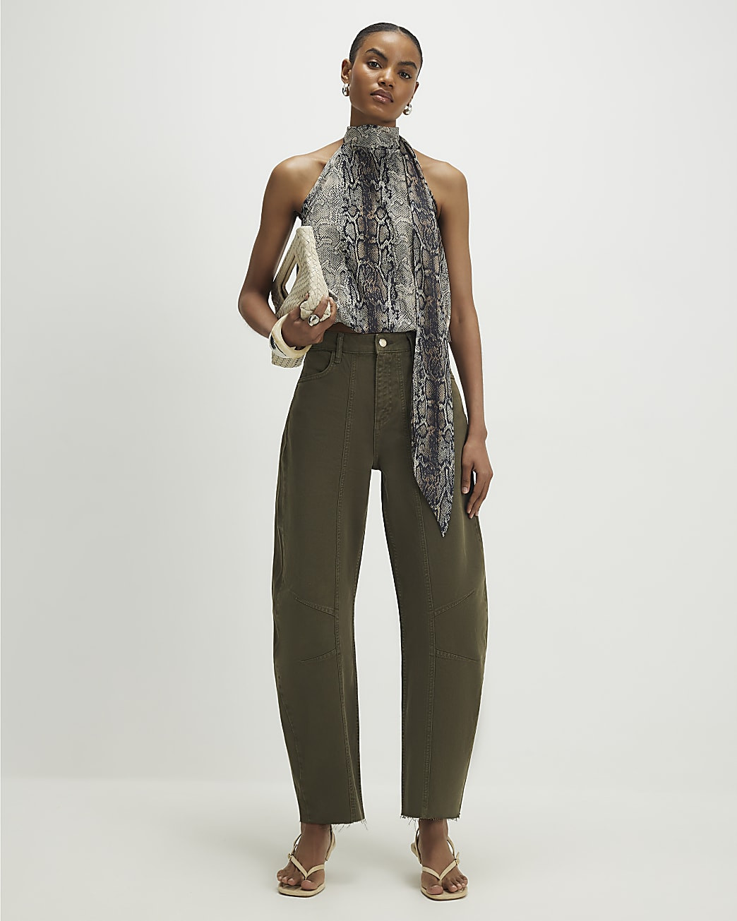 Khaki Raw Hem Barrel Leg Jeans | River Island UK & IE