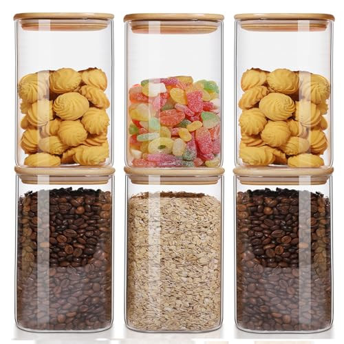 50oz Glass Food Storage Jars Set of 6,Glass Storage Containers Clear Glass Food Canister with Bamboo Lid Airtight For Serving Tea, Coffee, Flour, Sugar, Candy, Cookie, Spice and More (Square) | Amazon (US)