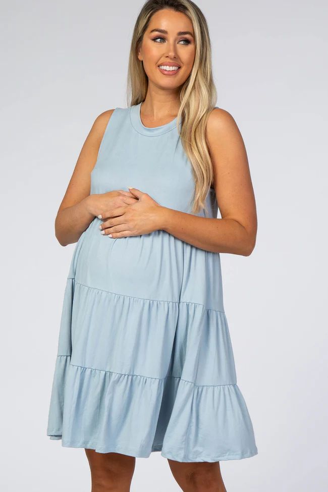 Light Blue Soft Knit Pleated Tiered Sleeveless Maternity Dress | PinkBlush Maternity