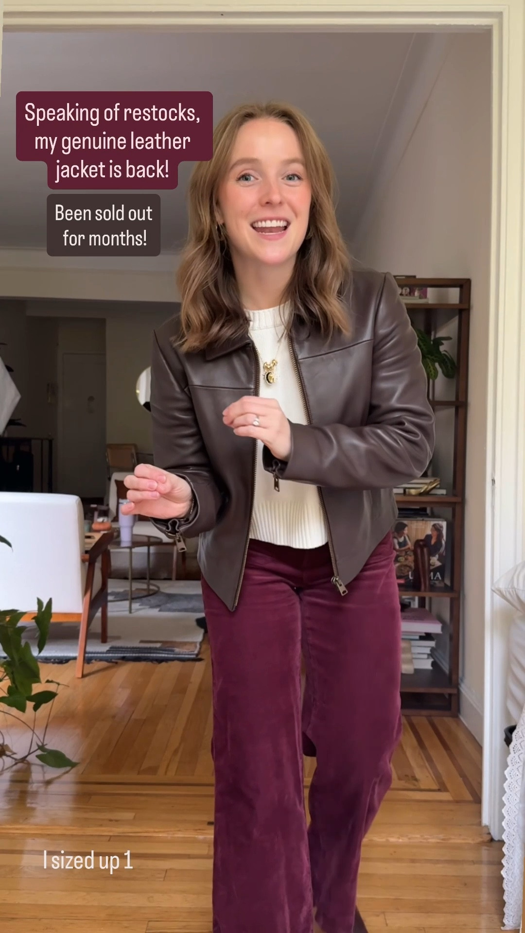 My soft brown leather jacket is restocked! Such great quality + free shipping. Wearing small (size up 1) genuine leather!