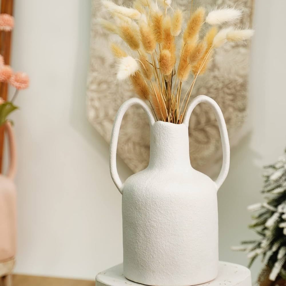 White Ceramic Vase with 2 Handles, Modern Farmhouse Vase for Home Decor, Decorative Pottery Flowe... | Amazon (US)