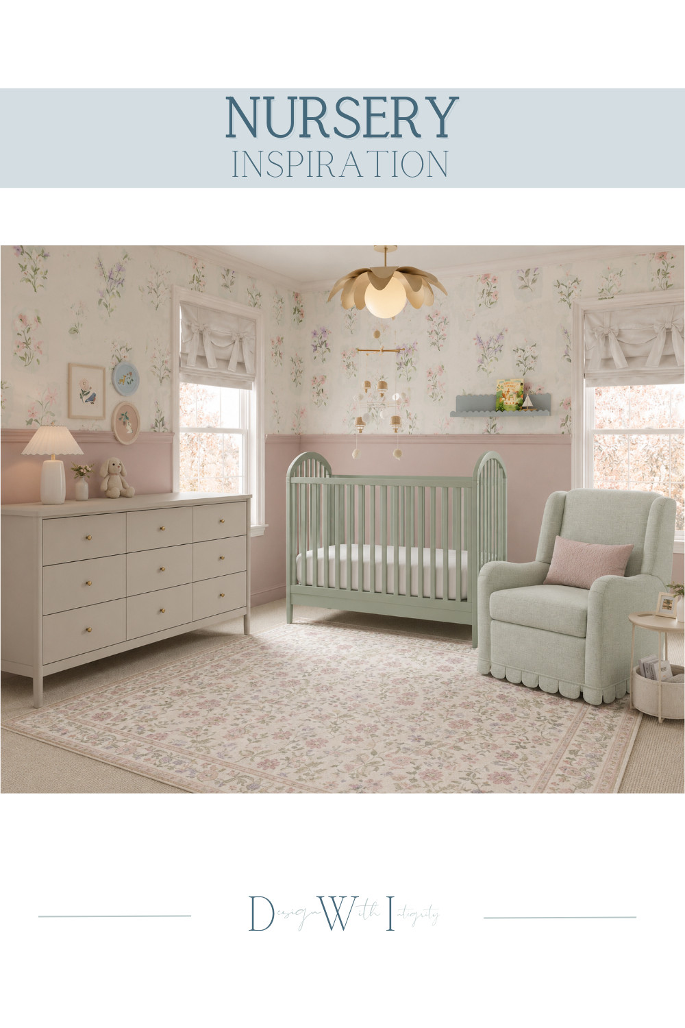 There is something so timeless about a nursery layered in soft florals, muted sage greens, and delicate blush tones. This space was designed to feel calm, whimsical, and collected with vintage inspired details woven throughout every corner. From the scalloped glider and botanical wallpaper to the soft patterned rug and charming crib styling, every element works together to create a nursery that feels elevated yet comforting for everyday moments.

This nursery concept began as a digital mood board and was transformed into an AI generated design for inspiration, blending romantic cottage details with a fresh and airy palette. If you are dreaming of a nursery that feels soft, feminine, and timeless, shop the look on LTK for nursery furniture, lighting, wallpaper inspiration, rugs, and decor selections.

Tap through to shop the post and bring this dreamy nursery aesthetic to life.

#nurseryinspo #nurserydecor #ltkhome 

 #LTKHome