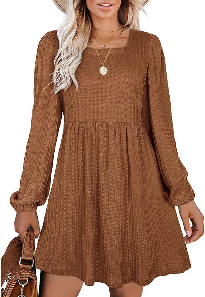 WEESO Womens Knit Dress Square Neck Long Sleeve Tunic Dresses | Amazon (US)