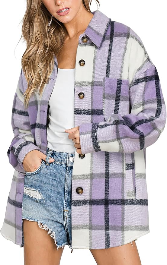 Beaully Womens Casual Plaid Shackets Brushed Flannel Button Down Pocketed Shirt Jacket Coats | Amazon (US)