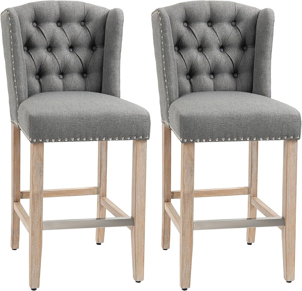 HOMCOM Counter Height Bar Stools Set of 2, 27" Seat Height Upholstered Barstools, Farmhouse Kitchen Island Stools with Nailhead-Trim, Tufted Back and Wooden Legs, Light Gray | Amazon (US)