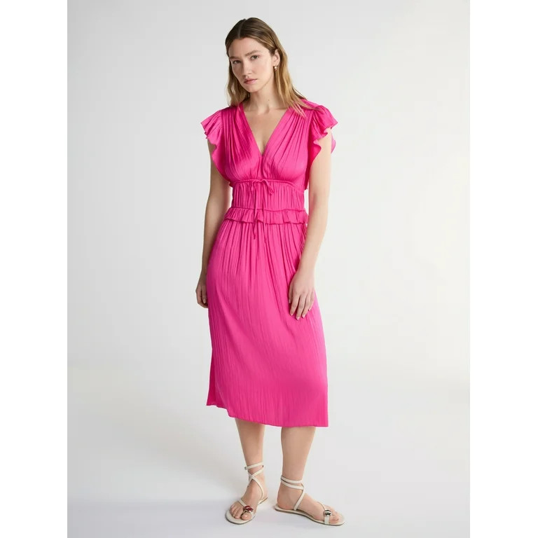 Scoop Women’s Crinkle Satin Midi Dress with Flutter Sleeves, Sizes XS-XXL | Walmart (US)
