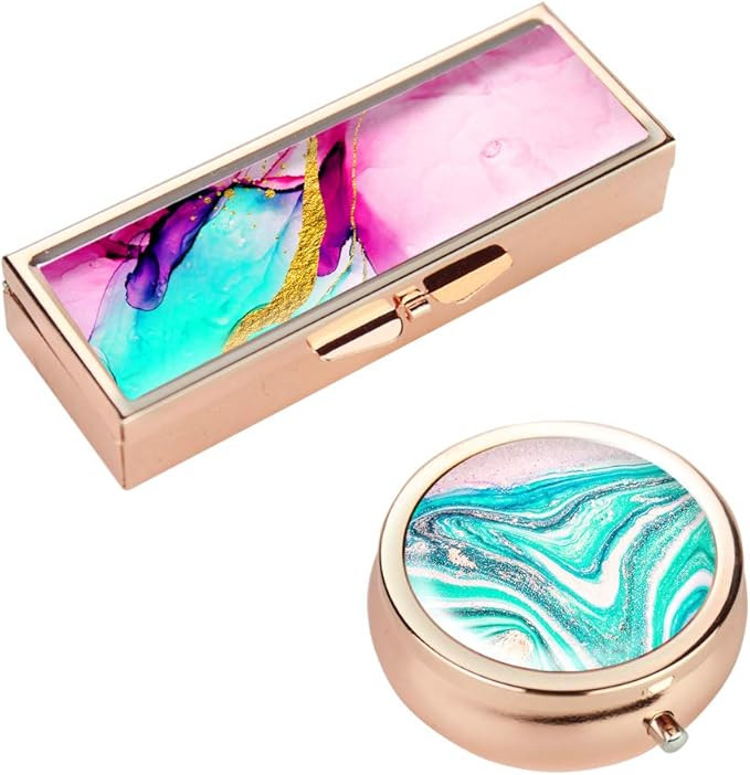 Hennaja Rectangle Pill Box and Round Pill Box,Decorative Pocket Purse Portable Travel Pill Case &... | Amazon (US)