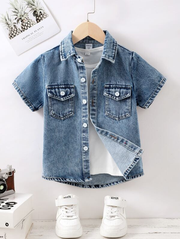 SHEIN Kids EVRYDAY Toddler Boys Flap Pocket Denim Shirt Without Tee | SHEIN