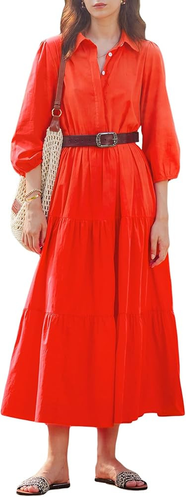 Women Flowy Maxi Shirt Dress Casual Button Down V Neck Ruffled Beach Long Dresses with Pockets | Amazon (US)