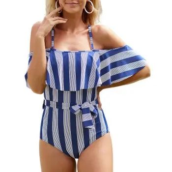 Striped Flounce Cold Shoulder Belted One-piece Swimwear | Dresslily US