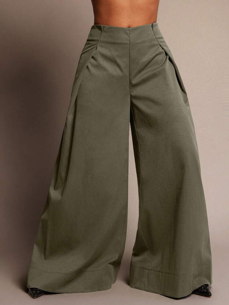 Vixey High Waist Pleated Side Wide Leg Cuffed Office Pants | SHEIN