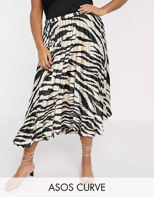 ASOS DESIGN Curve satin pleated midi skirt in tiger print | ASOS (Global)