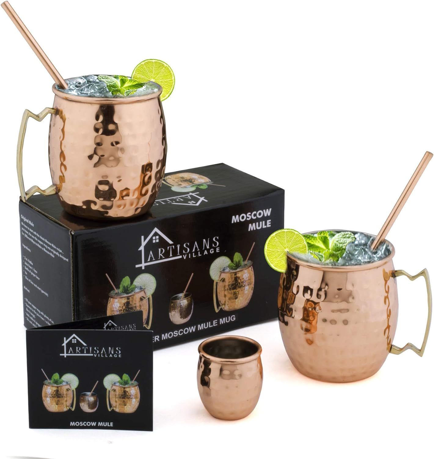 Moscow Mule Copper Mugs: Set of 2 glasses (16 oz) with 2 Cocktail Straws, and 1 Shot glass | Amazon (US)