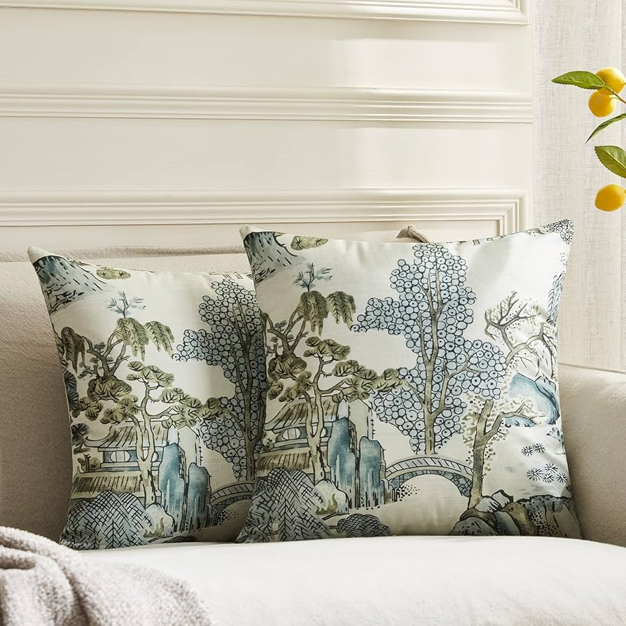 Pack of 2, Chinoiserie Pillow Cover 20 x 20 Inch Asian Scenic Grey Throw Pillow Covers Linen Farm... | Amazon (US)
