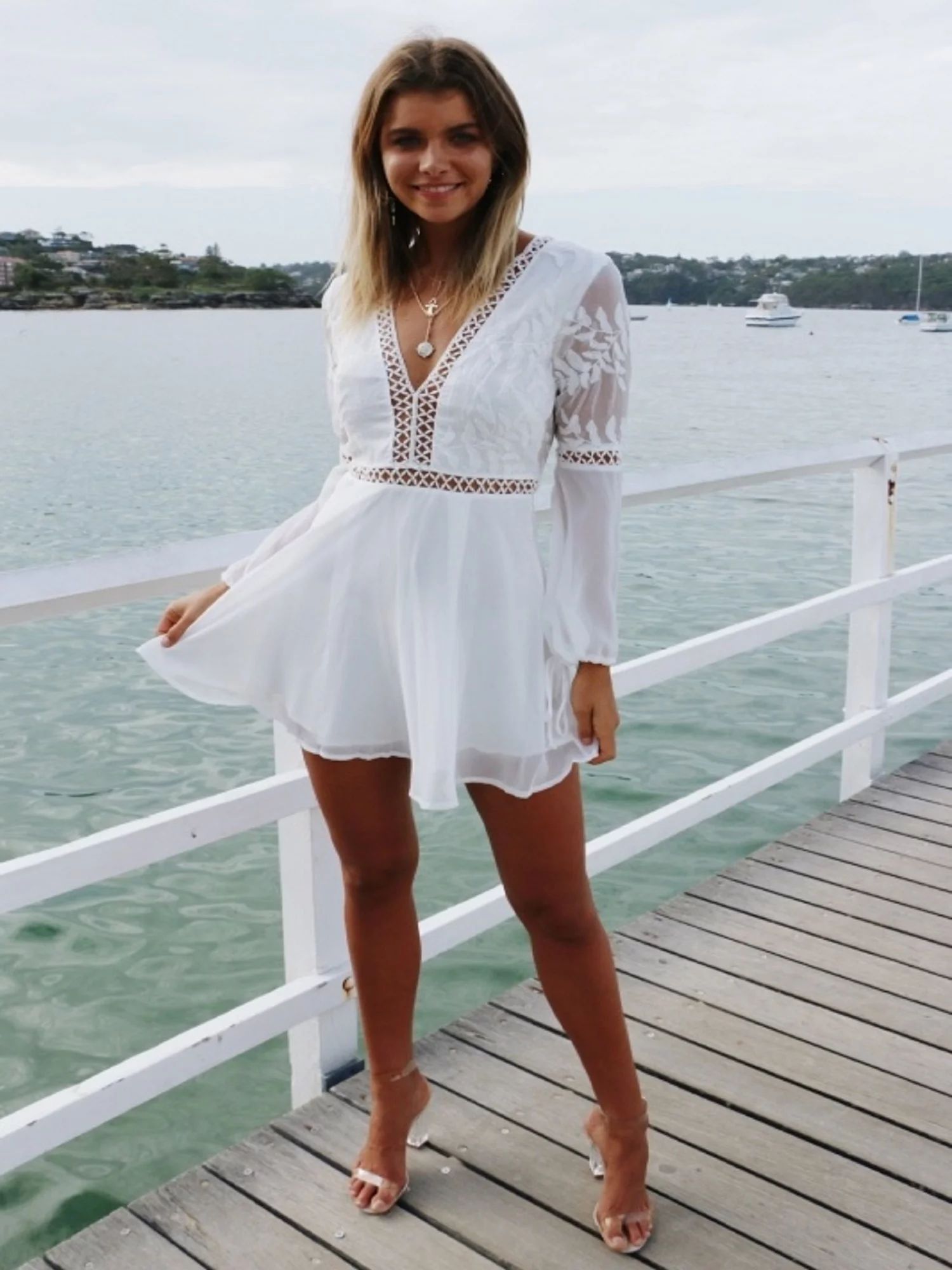 Women Sexy Boho Lace Dress Long Sleeve Backless White Dress V-Neck Hollow Out Beach Mini Sundress... | Walmart (US)