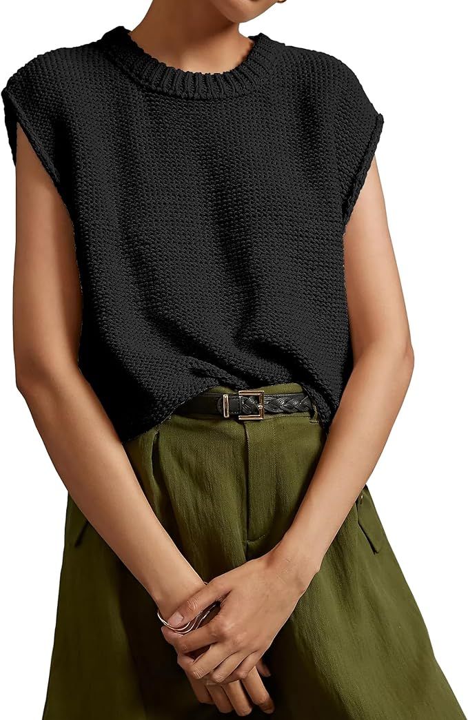 Locachy Women's Vintage Crew Neck Sweater Vest Casual Cropped Sleeveless Knit Pullover Top | Amazon (US)