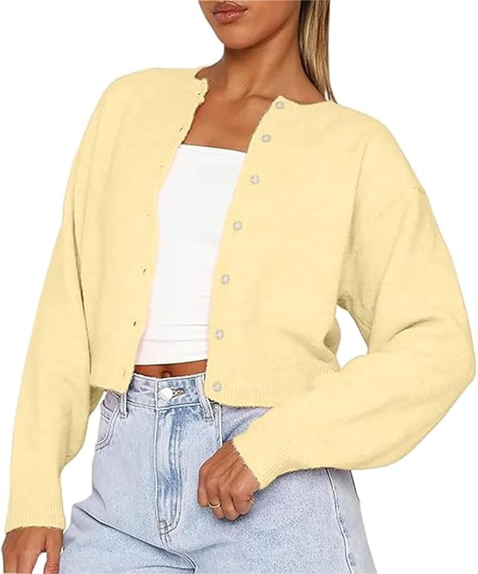RUEWEY Women Y2k Crew Neck Button Down Long Sleeve Cropped Cardigan Knitted Sweater Light Jacket | Amazon (US)